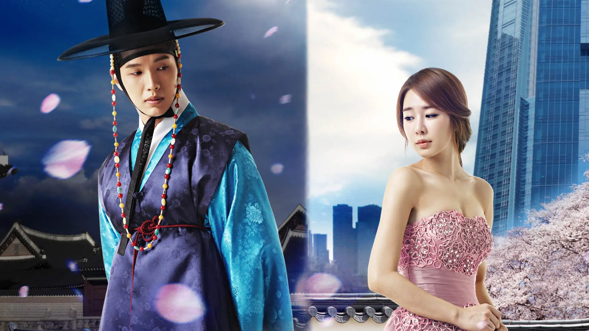 Ji Hyun-woo em trajes de Joseon e Yoo In-na na Seul moderna em pôster de O Homem da Rainha In Hyun