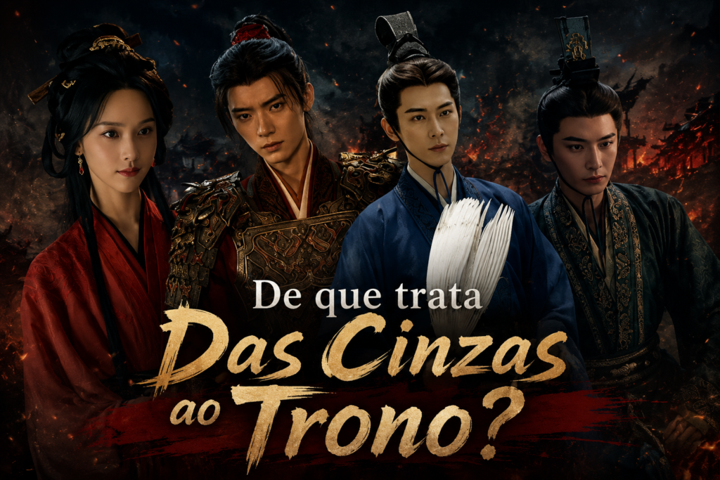 Chu Zhao, Xiao Xun, Xie Yan Lai e Xie Yan Fang no poster de Das Cinzas ao Trono com cenário em chamas ao fundo