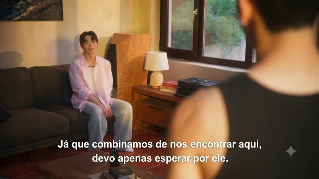Chu Tae Jeong sorridente sentado no sofá dizendo que vai esperar no local combinado