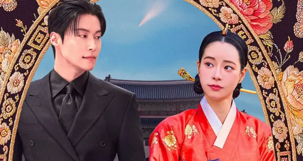 Arte promocional de My Royal Nemesis com Heo Nam-jun em terno moderno e Lim Ji-yeon em hanbok representando os dois tempos da trama