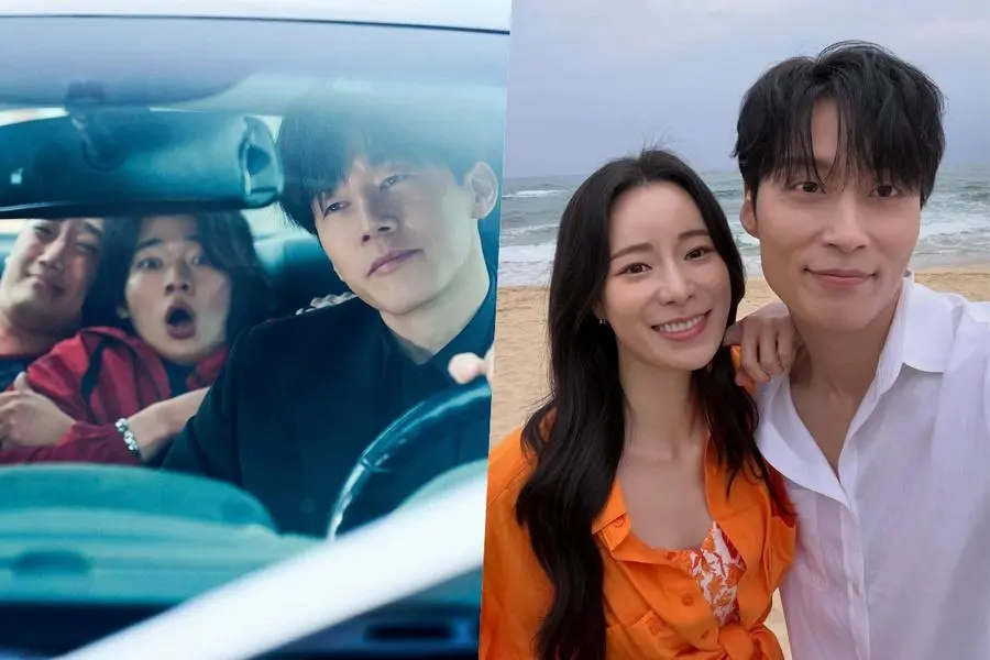 Kim Moo-yul dirige carro com estudantes assustados no banco de trás em cena de Aprendendo a Lição ao lado de foto de Lim Ji-yeon e Heo Nam-jun na praia em bastidores de My Royal Nemesis