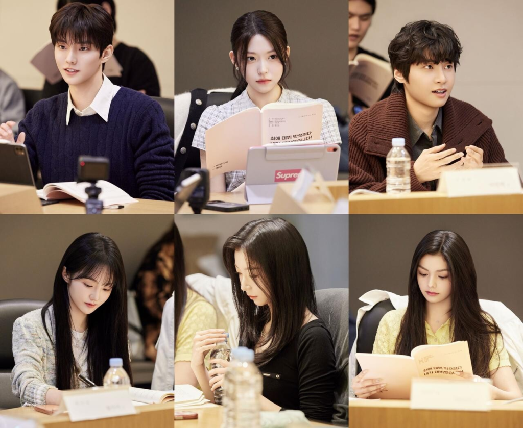 Montagem com seis fotos do elenco de My Idol My Debut durante a leitura de roteiro