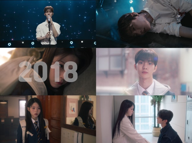 Mosaico com seis capturas de tela do trailer de 'My Idol, My Debut', mostrando o idol cantando no palco, ele caído após o ataque, a protagonista acordando no ano de 2018 e interações tensas na escola.